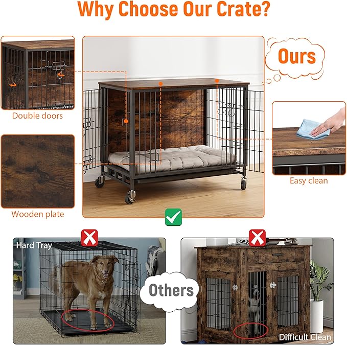 27.2" Dog Crate Furniture, Furniture-Style Dog Crate - Kennel Table with Wheels, Rustic Pet Cage for Small Breeds, Brown & Black