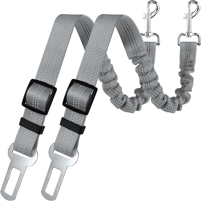 YAODHAOD Dog Seat Belt for Car with Elastic Bungee Buffer, Adjustable Pets Dog Car Harness, Heavy Duty Nylon Seatbelts Safety Tether,Universal Fit Cars Truck SUV Travel Accessories (2PCS) (Gray)