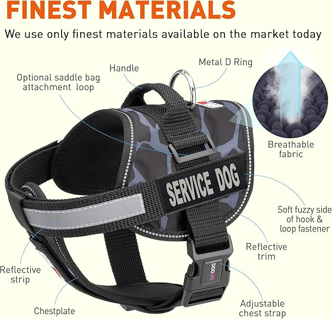 Dogline Unimax Dog Harness Vest with Service Dog Patches Reflective No-Pull, Adjustable Straps, Breathable Neoprene for Medical, Service, Identification and Training Dogs Girth 22 to 30" Giraffe Gray