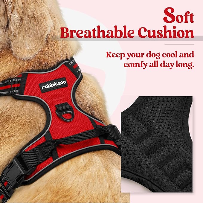 rabbitgoo Dog Harness, No-Pull Pet Harness with 2 Leash Clips, Adjustable Soft Padded Dog Vest, Reflective No-Choke Pet Oxford Vest with Easy Control Handle for Large Dogs, Red, XL