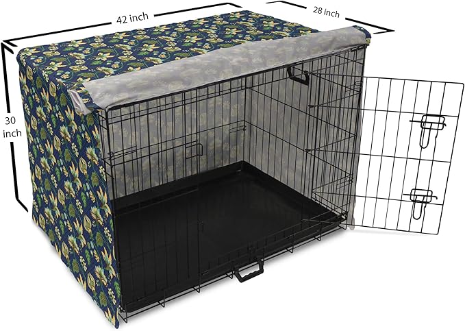 Lunarable Jacobean Dog Crate Cover, Triangles with Floral Pattern Stalks Leaves Flowers Whimsical Nature, Easy to Use Pet Kennel Cover for Medium Large Dogs, 42 Inch, Dark Blue Green Mustard