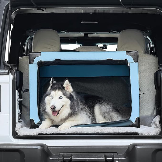 JOYTUTUS Collapsible Dog Crate, 32 Inch Portable Pet Crate for Car, Travel Dog Kennel Foldable Dog Crate for Large Dog 50lbs, Soft Cat Carrier Fit for Indoor & Outdoor/Trunk (Blue)