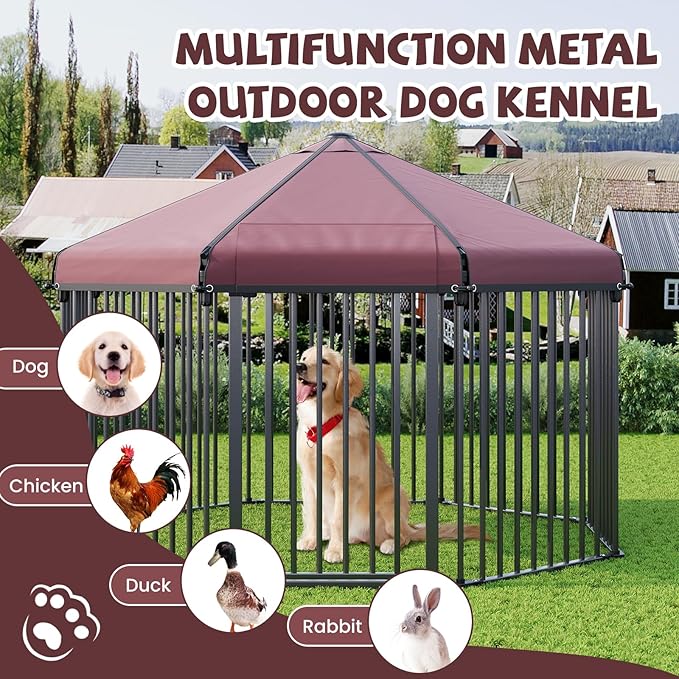 Large Dog Kennel Outside with Roof, Outdoor Dog Kennel with Metal Gate, Heavy Duty Hexagonal Dog Kennel with Lock for OuLarge Dog Kennel Outside with Roof, Outdoor Dog Ketdoor Backyard (4.9x4.9x3.6FT)