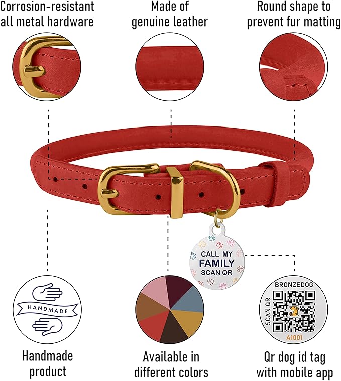BRONZEDOG Rolled Leather Dog Collar with QR ID Tag Adjustable Soft Round Collars for Small Medium Large Dogs Puppy Cat (14" - 16" Neck Size, Classic Red)