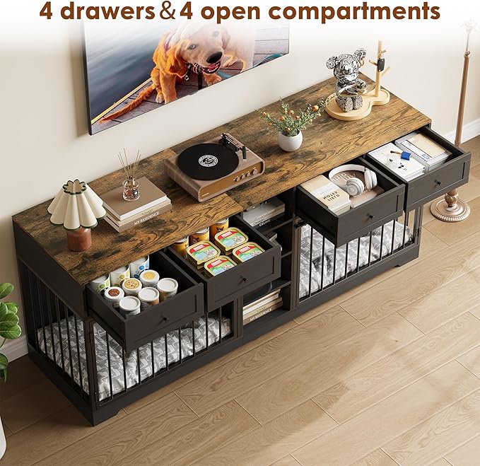 82” Double Dog Crate Furniture, Large Dog Kennel Indoor for 2 Dogs, Heavy Duty Wooden Dog Crate TV Stand with 4 Drawers and Shelves, Black