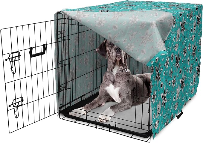 Lunarable Flower Dog Crate Cover, Abstract Monochrome Floral with Botanical Items, Easy to Use Pet Kennel Cover for Medium Large Dogs, 48 Inch, Seafoam Grey