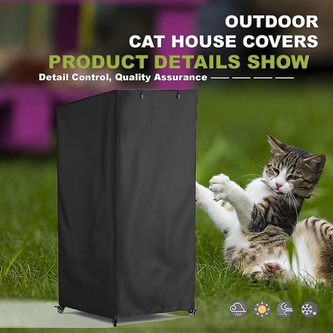 Outdoor Cat House Cover, Super Waterproof Feral Cattery Cat Cover, Cat Enclosure Cover, 600 D Heavy Duty Rain Sheet ,, 32x32x71 inch (Cover only)Black, Mx-1869-A