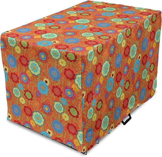 Ambesonne Floral Dog Crate Cover, Continuous Art Abstract Flowers and Outline Curls Leaves Print, Easy to Use Pet Kennel Cover for Cats & Medium Dogs, 30 Inch, Burnt Orange Multicolor