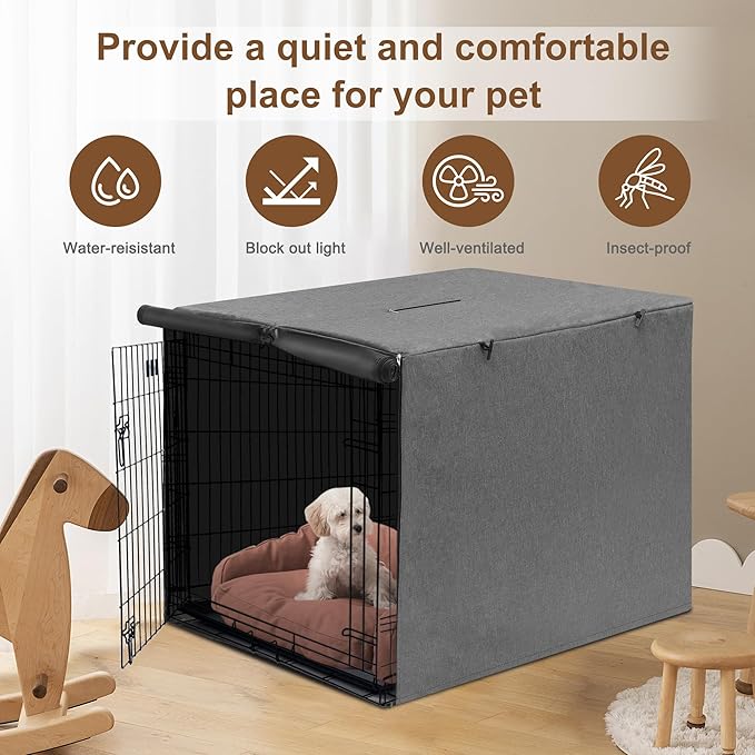 HiCaptain 30 inches Dog Crate Cover with Card Pocket, Heavy Duty Polyester Windproof Pet Kennel Cover Universal Fit for 1 or 2 Doors Standard Wire Crate (Grey)