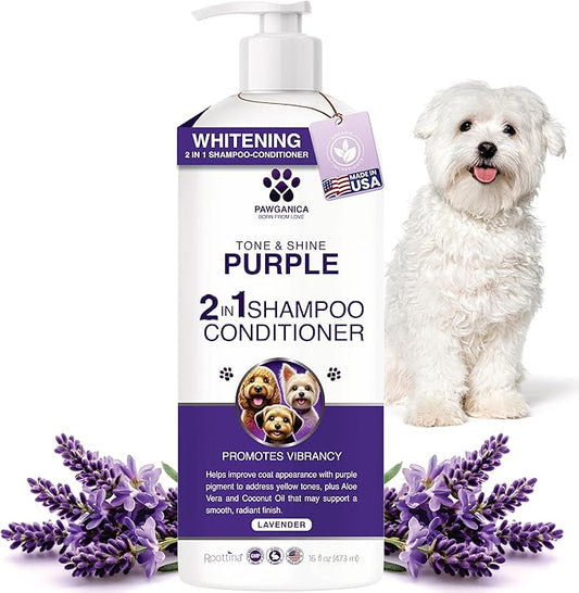 Pawganica 2-in-1 Purple Shampoo for Dogs, Supports Coat Whitening & Softness, pH-Balanced, Fur Whitening Dog Shampoo and Conditioner, Shampoo for Smelly Dogs 16 fl oz