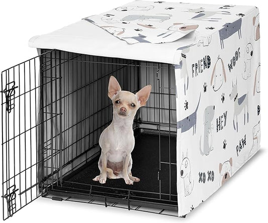 Sweet Jojo Designs Cartoon Puppy Print Dog Crate Cover – Kennel Covers for 24 Inch Pet Cage Small - Neutral Grey Taupe Blue White Modern Bulldog Wiener Doggy Paw Print Gray
