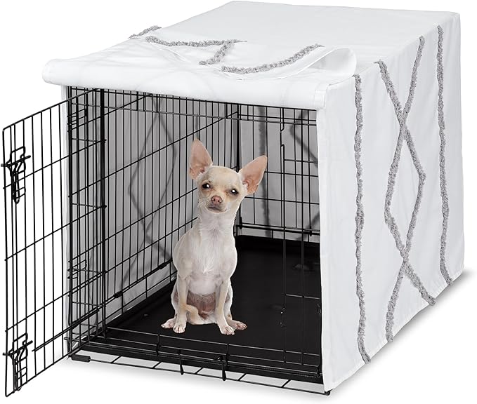 Sweet Jojo Designs 24in. Small Dog Crate Cover (Grey Boho Modern Tuft) Pet Cage, Kennel Covers (Bohemian, Farmhouse, Shabby Chic, Designer, Neutral, Elegant, Minimalist, Gray and White Tufted Cotton)