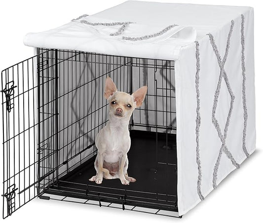 Sweet Jojo Designs 24in. Small Dog Crate Cover (Grey Boho Modern Tuft) Pet Cage, Kennel Covers (Bohemian, Farmhouse, Shabby Chic, Designer, Neutral, Elegant, Minimalist, Gray and White Tufted Cotton)
