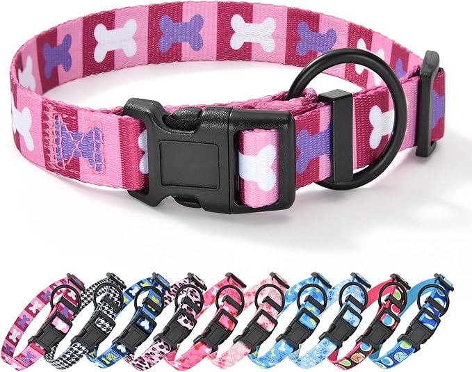 Mile High Life Dog Collar | Nylon Puppy Collars w Cute Patterns | Lightweight Girl Dog Collar | Boy Dog Collar for Small/Medium/Large Dogs (Purple Bone, Large)