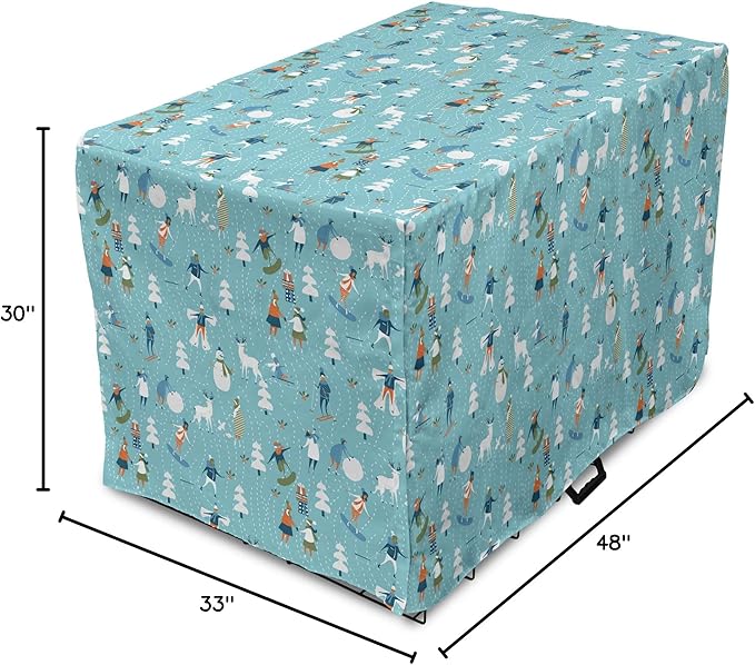 Lunarable Christmas Dog Crate Cover, Winter Games Theme Pattern with Snowman Trees Snowboard Reindeer and Adults, Easy to Use Pet Kennel Cover for Medium Large Dogs, 48 Inch, Multicolor