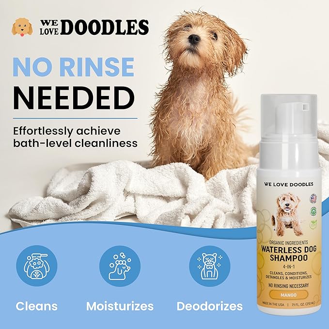 Waterless Dog Shampoo - Cleans & Moisturizes Coat, No Rinse Dog Shampoo, Safe Foam Formula & Pet-Friendly Dog Deodorizing Spray, 5.2 oz Parent [We Love Doodles] (Mango)