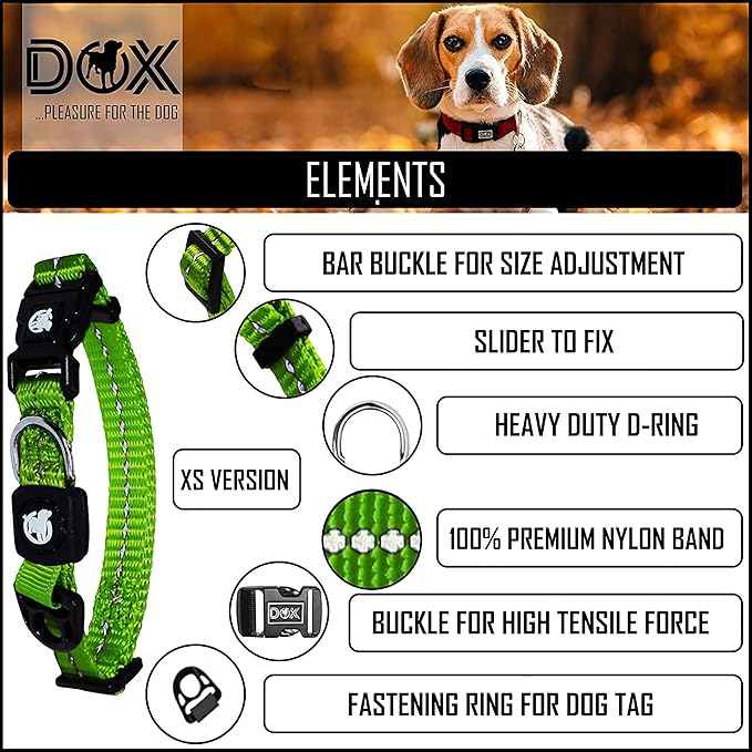 DDOXX Reflective Nylon Dog Collar - Strong and Adjustable Collars Dogs - XS (Green)