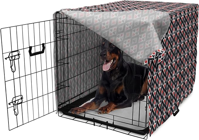 Lunarable Casino Dog Crate Cover, with Geometrical Design and Mosaic Composition Gamblers Club, Easy to Use Pet Kennel Cover for Medium Large Dogs, 42 Inch, Black Red Grey
