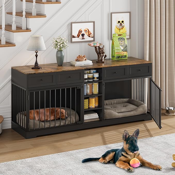 82” Double Dog Crate Furniture, Large Dog Kennel Indoor for 2 Dogs, Heavy Duty Wooden Dog Crate TV Stand with 4 Drawers and Shelves, Black