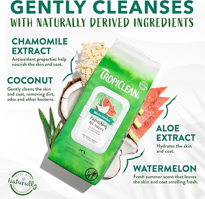TropiClean Watermelon Dog Wipes for Paws and Butt | Deep Cleaning Dog Grooming Wipes | Safe for The Face | Cat Friendly | 100 Count