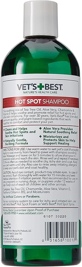 Vet's Best Hot Spot Itch Relief Shampoo for Dogs - Relieves Dog Dry Skin, Rash, Scratching, Licking, Itchy Skin, and Hot Spots - 16 Ounces
