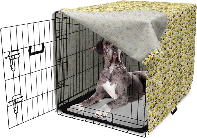Lunarable Cartoon Dog Crate Cover, Construction Vehicles Style Machines Safety Building Theme, Easy to Use Pet Kennel Cover for Medium Large Dogs, 48 Inch, Yellow White Black