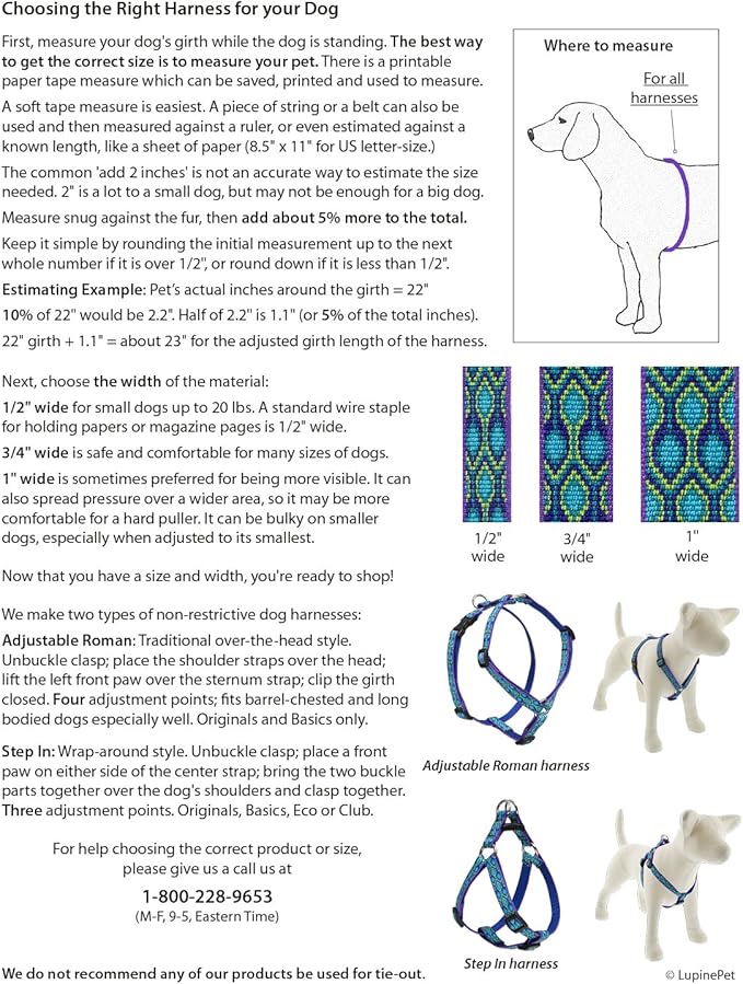 Small Adjustable Dog Harness by Lupine 1/2" Wide Ripple Creek Design with 12-20" Adjustable Girth