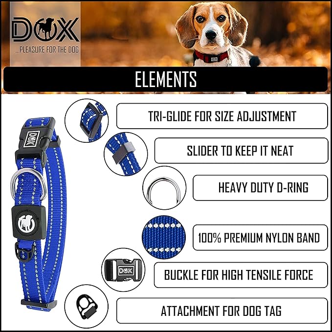 DDOXX Reflective Nylon Dog Collar - Strong and Adjustable Collars Dogs - M (Bue)