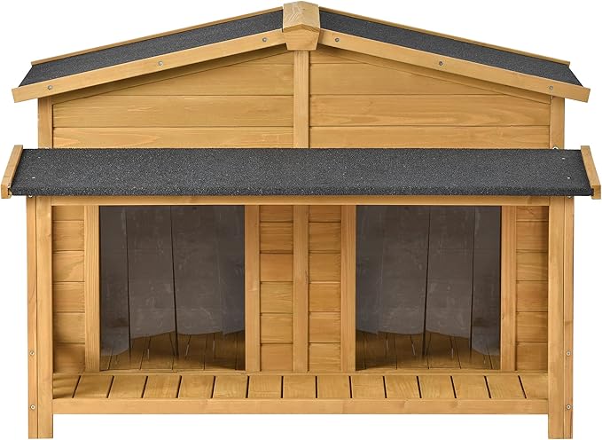 47" Outdoor Wooden Dog House with Porch, Asphalt Roof, 2" Height Raised Feet and Two Plastic Door Curtains, Brown