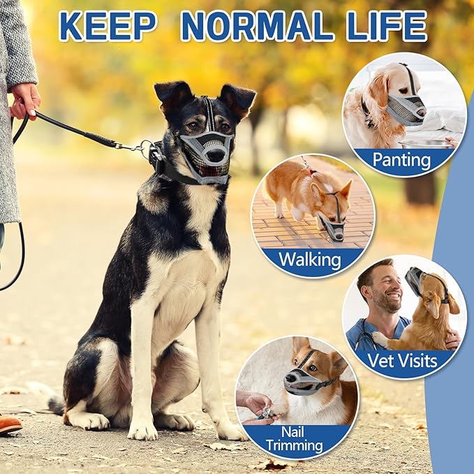 Dog Muzzle for Large Medium Small Dogs, Soft Mesh Muzzle for Dogs with Reflective Adjustable Strap, Prevent Biting Chewing and Licking, Dog Nose Open Design for Reduction Friction (Grey, L)