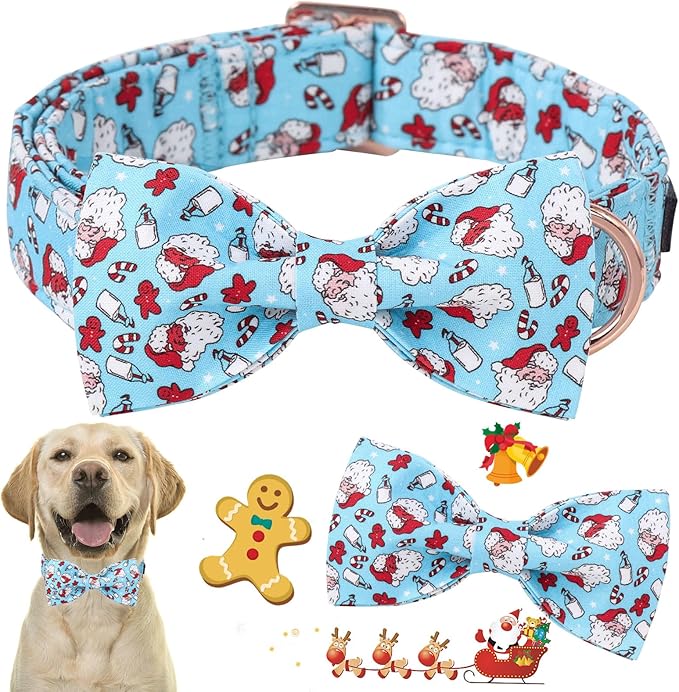 ARING PET Christmas Dog Collar-Cotton Blue Santa Claus Dog Collar with Bow, Adjustable Christmas Bowtie Dog Collars Pet Necklace with Metal Buckle for Girl&Boy Dogs