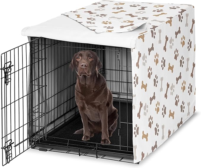 Sweet Jojo Designs Bone Paw Print Dog Crate Cover – Kennel Covers for 42 Inch Pet Cage Medium/Large - Neutral Grey Taupe Brown Modern Off White Gray Tan Puppy