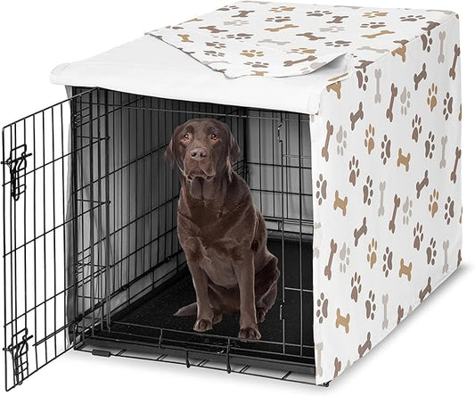 Sweet Jojo Designs Bone Paw Print Dog Crate Cover – Kennel Covers for 42 Inch Pet Cage Medium/Large - Neutral Grey Taupe Brown Modern Off White Gray Tan Puppy