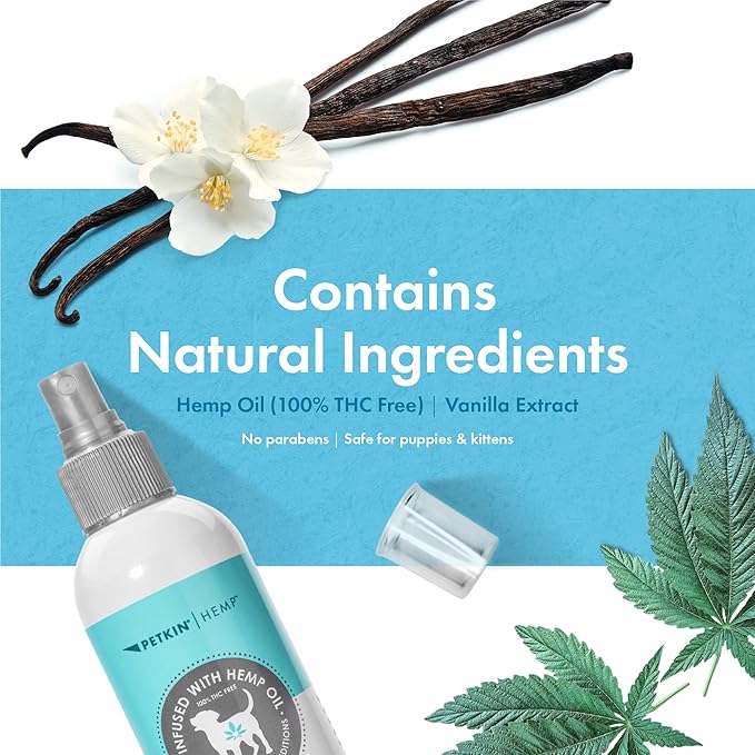 Petkin Hemp Waterless Dog Shampoo Spray – with Hemp Oil & Soothing Vanilla Extract, 8 fl oz – for Cats and Dogs – Soothes, Calms & Conditions, Keeps Pet Smelling Great – for Home and Travel
