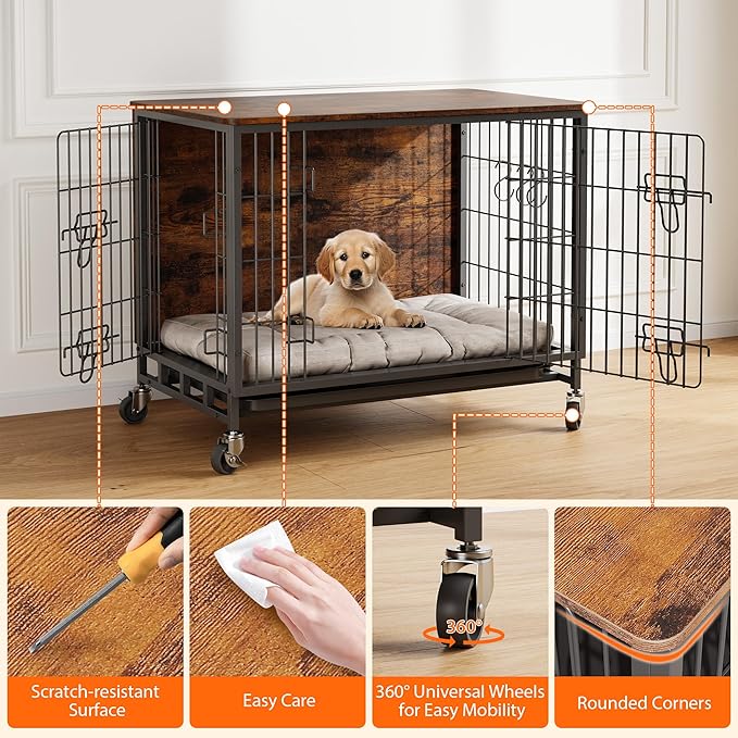 Dog Crate Furniture, 32.5" Modern Double-Door Dog House with Pull-Out Tray, Heavy-Duty Wooden Kennel & Removable Wheels, Side Table for Medium Dog Sizes, Rustic Brown