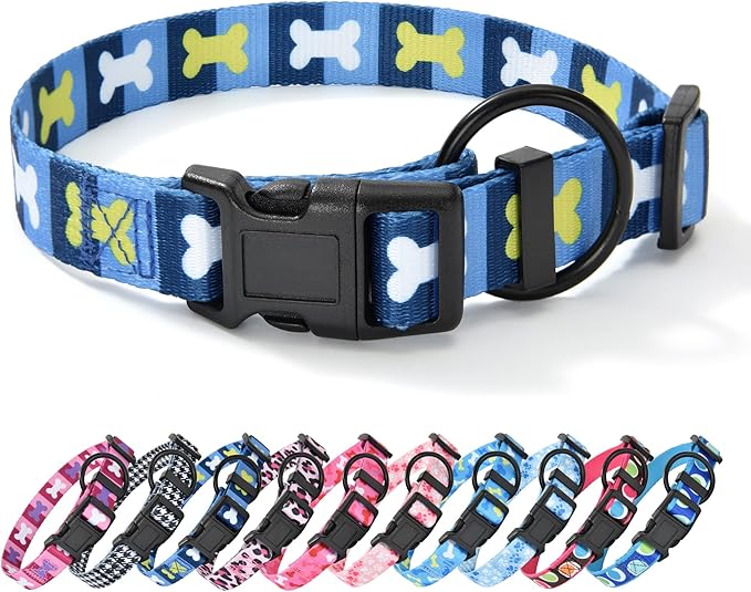 Mile High Life Dog Collar | Nylon Puppy Collars w Cute Patterns | Lightweight Girl Dog Collar | Boy Dog Collar for Small/Medium/Large Dogs (Blue Bone, Large)
