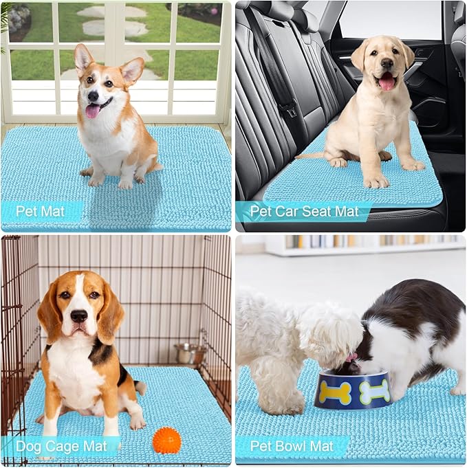 OLANLY Dog Door Mat for Muddy Paws 48x30, Absorbs Moisture and Dirt, Absorbent Non-Slip Washable Mat, Quick Dry Chenille, Mud Mat for Dogs, Entry Indoor Door Mat for Inside Floor, Blue