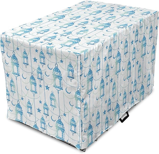 Lunarable Oriental Dog Crate Cover, Eastern Theme Celebration Pale Toned Composition Folkloric Look Print, Easy to Use Pet Kennel Cover for Medium Large Dogs, 36 Inch, Pale Green White Blue