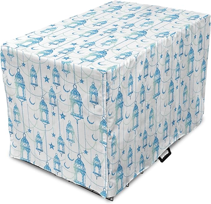 Lunarable Oriental Dog Crate Cover, Eastern Theme Celebration Pale Toned Composition Folkloric Look Print, Easy to Use Pet Kennel Cover for Small Dogs Puppies Kittens, 22 Inch, Pale Green White Blue