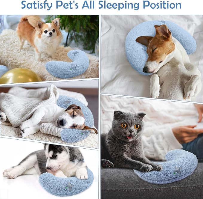 T'CHAQUE Dog Pillow Bed, Cat Calming Pillow, Dog Neck Pillow for Joint Relief Sleeping, Ultra Soft Half Donut Cuddler, Pillow Pet for Upper Spine Support, Doggy/Kitten Pillow Training Toy, BlueCactus