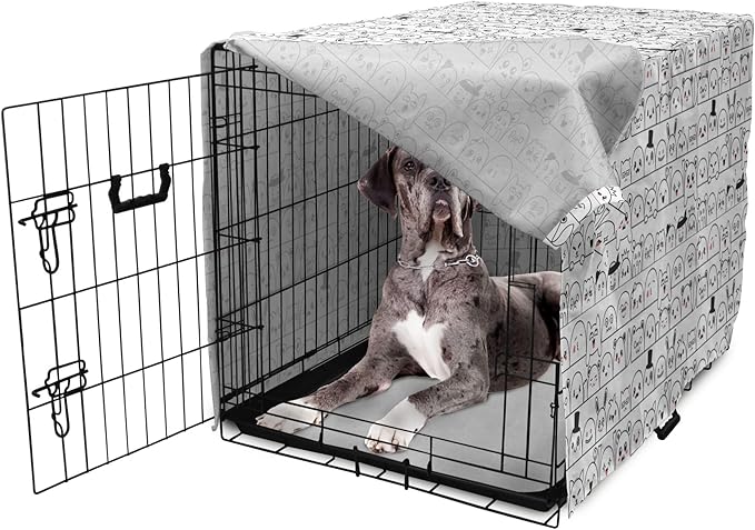 Lunarable Cartoon Dog Crate Cover, Funny Creatures and Monsters Doodle Faces in Manga Style Emotions, Easy to Use Pet Kennel Cover for Medium Large Dogs, 48 Inch, Charcoal Grey Coral White