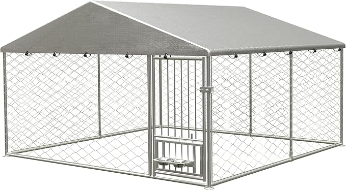 Large Outdoor Dog Kennel, Heavy Duty Galvanized Steel Dog Enclosure with Swivel Feeder, Chicken Coop w/Waterproof UV-Resistant Cover, Lockable Door Chain Link for Backyard (118" L x 118" W x 60" H)