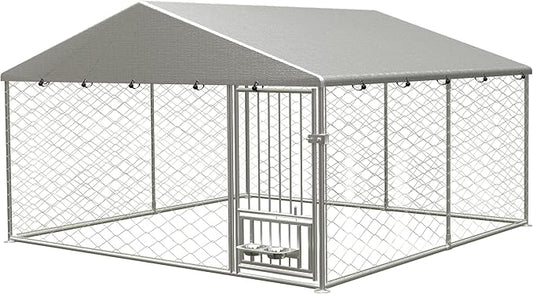 Large Outdoor Dog Kennel, Heavy Duty Galvanized Steel Dog Enclosure with Swivel Feeder, Chicken Coop w/Waterproof UV-Resistant Cover, Lockable Door Chain Link for Backyard (118" L x 118" W x 60" H)