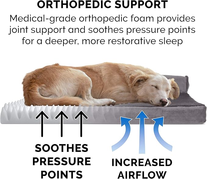 Furhaven Orthopedic Dog Bed for Large Dogs w/ Removable Bolsters & Washable Cover, For Dogs Up to 95 lbs - Plush & Velvet L Shaped Chaise - Platinum Gray, Jumbo/XL