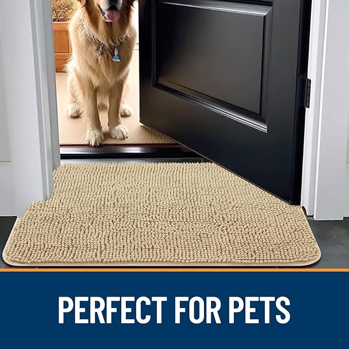 OLANLY Dog Door Mat for Muddy Paws 59x35, Absorbs Moisture and Dirt, Absorbent Non-Slip Washable Mat, Quick Dry Chenille, Mud Mat for Dogs, Entry Indoor Door Mat for Inside Floor, Beige