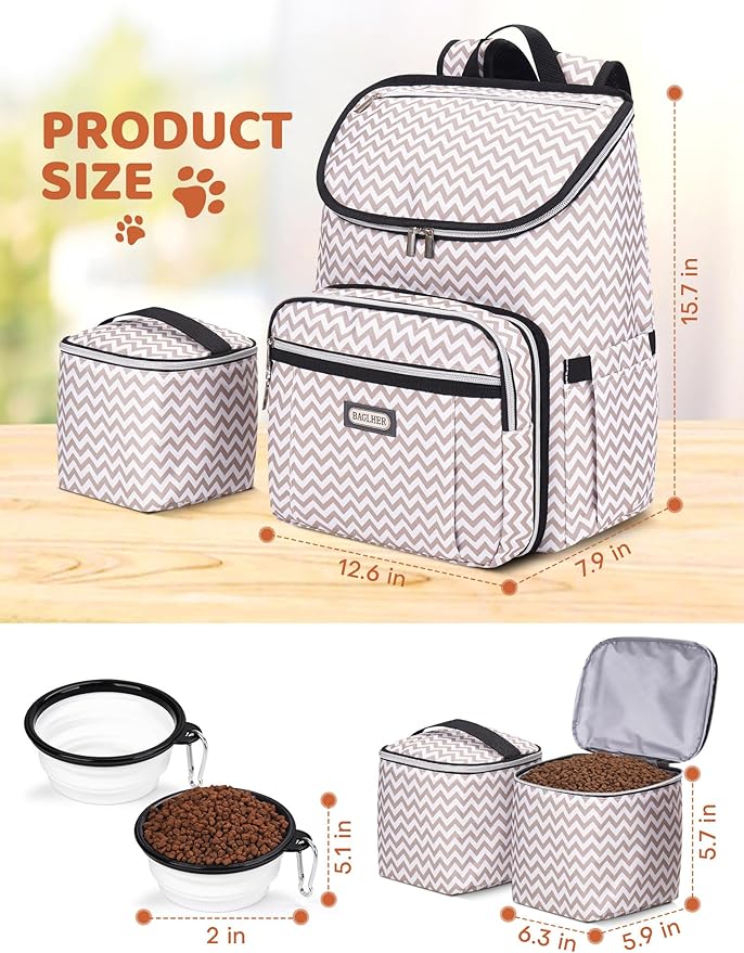 BAGLHER Travel Dog Backpack - Detachable Travel Dog Food Container for Pet Supplies Dog Gear Backpack,Dog Bag for Traveling with 2 Silicone Collapsible Bowls and 2 Food Baskets