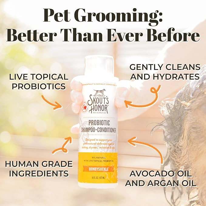 Skout's Honor Probiotic Pet Shampoo & Conditioner with Avocado Oil & Omega-3s, 97% Natural, Paraben & Sulfate-Free, Cruelty-Free, 16oz, Honeysuckle