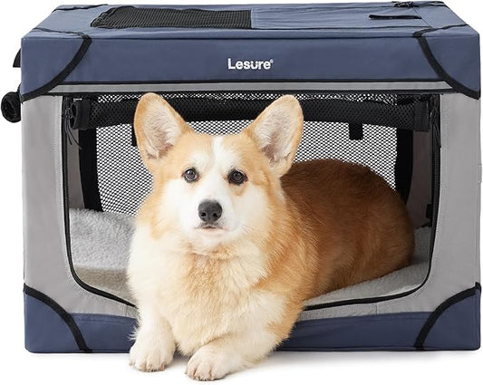 Lesure Soft Collapsible Dog Crate - 26 Inch Portable Travel Crate for Small Dogs Indoor & Outdoor, 4-Door Foldable Pet Kennel with Durable Mesh Windows, Blue