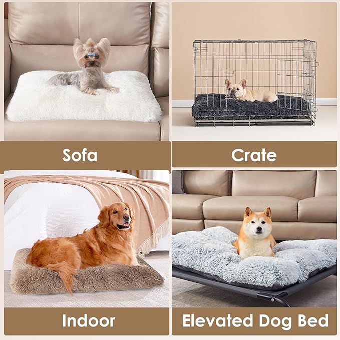 EHEYCIGA Fluffy Dog Crate Bed for Medium Dogs, Plush Faux Fur Dog Crate Pad, Calming Anti Anxiety Medium Dog Bed for Crate, Washable Soft Warm Dog Crate Mat with Non-Slip Bottom, Beige