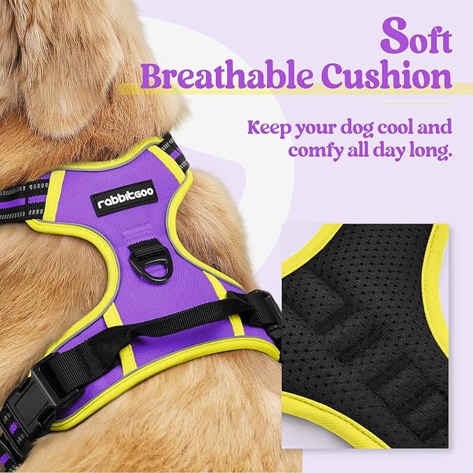 rabbitgoo Dog Harness, No-Pull Pet Harness with 2 Leash Clips, Adjustable Soft Padded Dog Vest, Reflective No-Choke Pet Oxford Vest with Easy Control Handle for Large Dogs, Purple & Yellow, XL